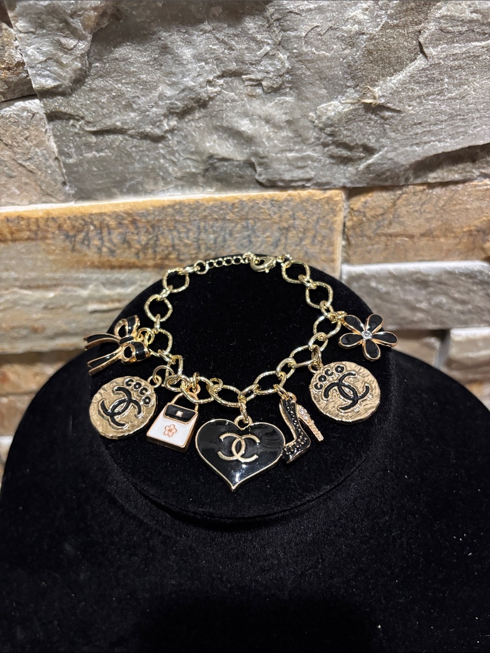 Gold Charm Bracelet with Black Enamel CC Heart and Decorative Charms - Picture 1 of 4